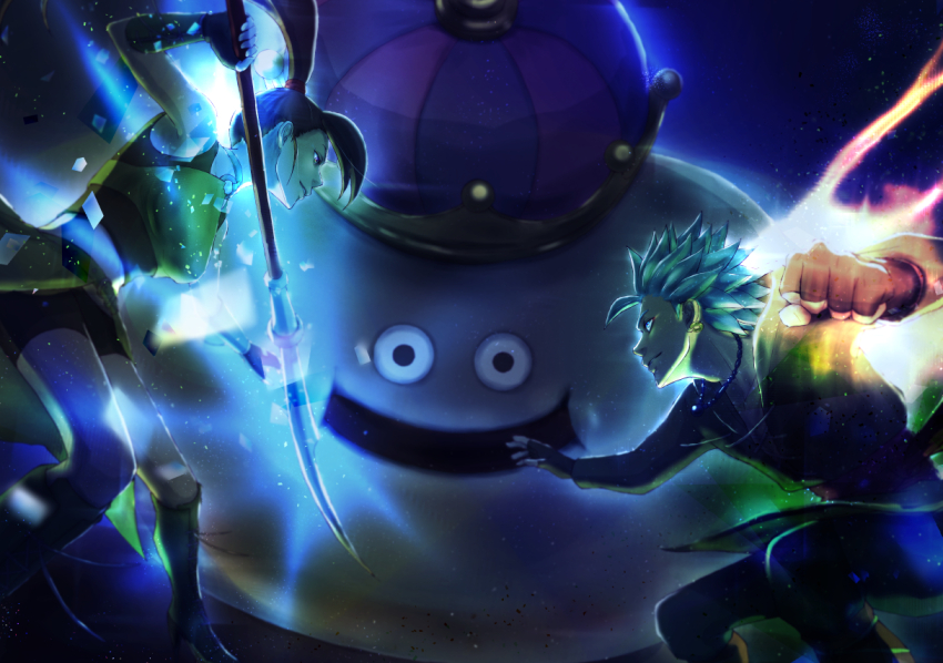 1boy 1girl 1other aqua_hair arm_guards asymmetrical_bangs aura bead_necklace beads black_gloves black_shorts black_tank_top blue_eyes brown_gloves bustier camus_(dq11) clenched_hand commentary_request crown dragon_quest dragon_quest_xi earrings eye_contact fighting fingerless_gloves floating_clothes floating_hair gloves gold_earrings green_bustier grin high_ponytail holding holding_polearm holding_weapon hoop_earrings imminent_punch jewelry looking_at_another martina_(dq11) metal_king naginata necklace o-ring o-ring_top open_mouth pants polearm ponytail popon_(user_eaem5325) purple_eyes purple_hair short_hair shorts smile spiked_hair tank_top tunic weapon