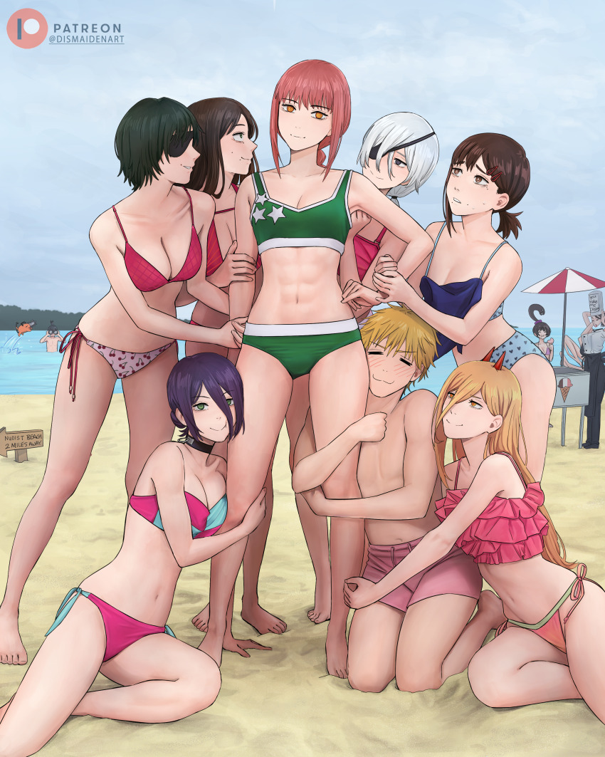 2boys 6+girls :3 =_= abs absurdres apron artist_name beach beach_umbrella bikini binoculars bisexual_female black_apron black_choker black_hair black_pants blonde_hair blue_bikini braid breasts brown_eyes brown_hair chainsaw chainsaw_man chef_hat cherry_print choker cleavage collarbone commentary creature cross-shaped_pupils day demon_girl demon_horns denji_(chainsaw_man) dismaiden eating english_commentary eyepatch falling_devil_(chainsaw_man) food food_print food_stand fruit_print full_body grabbing_another&#039;s_arm green_bikini grenade_pin grey_eyes hair_ornament hairclip harem hat hayakawa_aki higashiyama_kobeni highres himeno_(chainsaw_man) holding holding_food holding_ice_cream horns ice_cream ice_cream_stand kneeling large_breasts leg_grab light_blush long_hair makima_(chainsaw_man) male_swimwear medium_breasts meme mixed_harem mole mole_under_eye mole_under_mouth multicolored_bikini multiple_boys multiple_girls navel ocean orange_eyes outdoors overcast pants patreon_logo patreon_username photo-referenced pimp pingtsi_(chainsaw_man) pink_bikini pochita_(chainsaw_man) ponytail power_(chainsaw_man) quanxi_(chainsaw_man) red_hair red_horns reze_(chainsaw_man) ringed_eyes sand santa_claus_(chainsaw_man) short_hair short_ponytail side-tie_bikini_bottom sidelocks single_braid sky small_breasts standing star_(symbol) star_print sweat swim_trunks swimsuit symbol-shaped_pupils toned toned_female topless_male two-tone_bikini umbrella underwear waist_apron white_hair