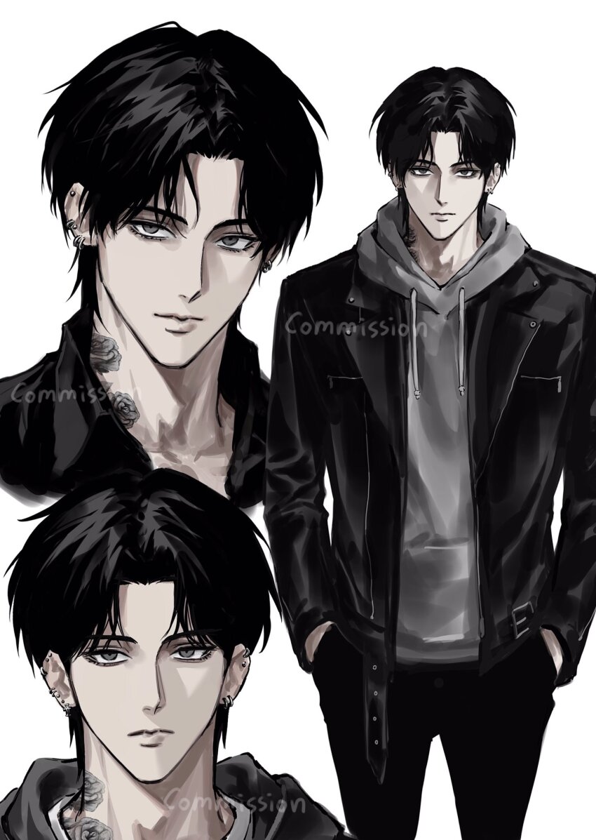 1boy black_eyes black_hair black_jacket character_request closed_mouth commission copyright_request cowboy_shot curtained_hair ear_piercing earrings flower_tattoo grey_eyes grey_hoodie hand_in_pocket highres hood hoodie jacket jewelry looking_at_viewer male_focus multiple_piercings neck_tattoo open_clothes open_jacket piercing portrait short_hair simple_background solo sso_s tattoo white_background