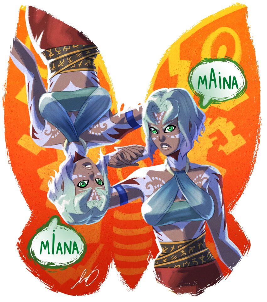 2girls absurdres blue_eyes blue_hair bug butterfly character_name english_text giant giant_monster godzilla:_city_on_the_edge_of_battle godzilla:_planet_of_the_monsters godzilla:_the_planet_eater godzilla_(series) highres houtua insect kaiju maina miana midriff monster moth mothra multiple_girls polygon_pictures pyrasterran short_hair siblings speech_bubble toho tribal twins