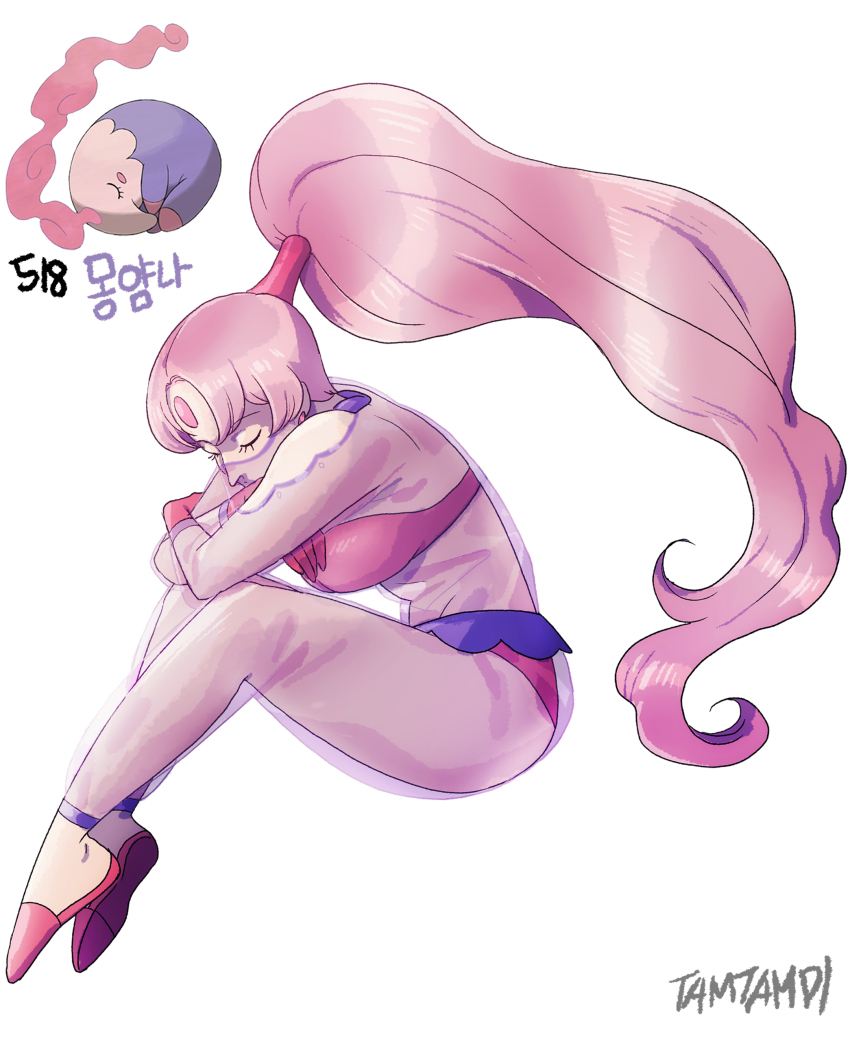1girl absurdres artist_name breasts closed_eyes game_freak gen_5_pokemon gloves highres long_hair musharna nintendo personification pink_gloves pink_hair pink_shoes pokemon pokemon_(creature) ponytail reference_inset shoes sitting solo tamtamdi white_background