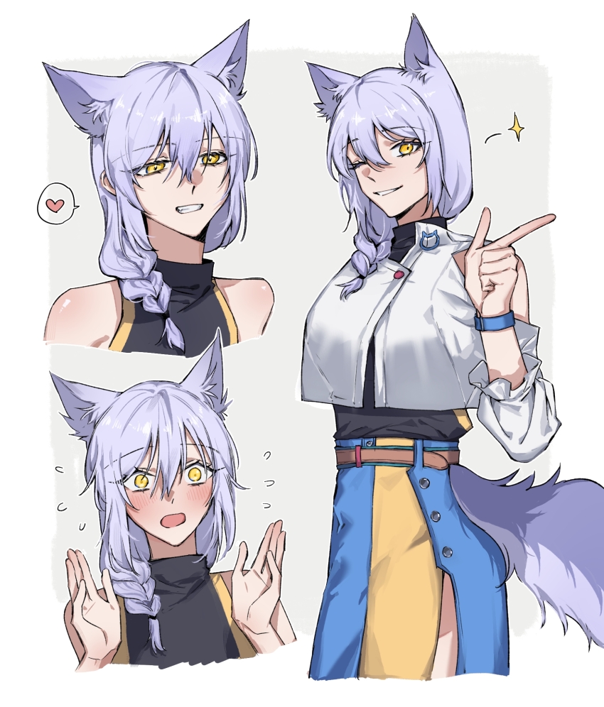 1girl :d alternate_costume animal_ears arknights bare_shoulders belt black_shirt blue_shirt blush border braid bug clothing_cutout commentary_request crop_top cropped_legs drlee_lili embarrassed fly grey_background grin hair_between_eyes hands_up heart high-waist_skirt highres index_finger_raised insect long_hair long_sleeves looking_at_viewer multiple_views one_eye_closed open_mouth outside_border parted_lips pelvic_curtain provence_(arknights) purple_hair shirt shoulder_cutout simple_background single_braid skirt smile sparkle spoken_heart tail tail_through_clothes two-tone_skirt white_border wide-eyed wolf_ears wolf_girl wolf_tail wristband yellow_eyes yellow_skirt