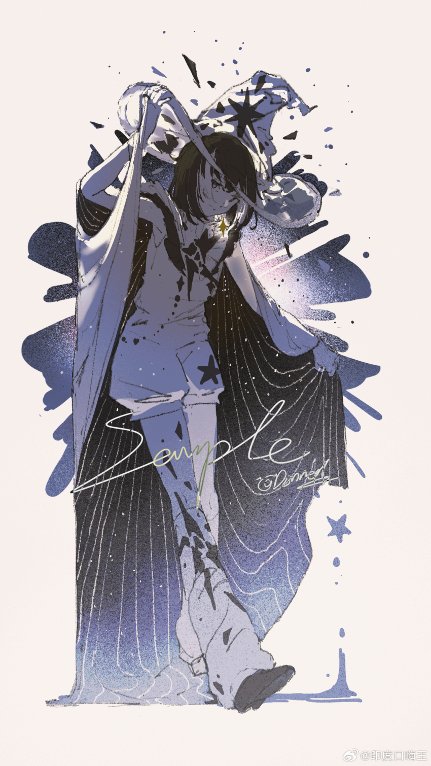 absurdres baggy_shorts bare_shoulders black_cape black_hair black_shoes braid brooch buttons cape cape_hold chinese_commentary closed_mouth collared_shirt commentary_request commission diamond_button dinned eyelashes frilled_shirt_collar frills grey_background grey_eyes hair_between_eyes hair_over_shoulder hand_on_headwear hat high_collar highres jewelry leg_warmers light_particles long_hair looking_at_viewer multicolored_hair original sample_watermark see-through_clothes see-through_headwear shirt shoes shorts signature simple_background single_braid sleeveless sleeveless_shirt smile star_(symbol) streaked_hair two-sided_cape two-sided_fabric vertical-striped_cape watermark weibo_watermark white_cape white_hair white_hat white_leg_warmers white_shirt white_shorts witch witch_hat