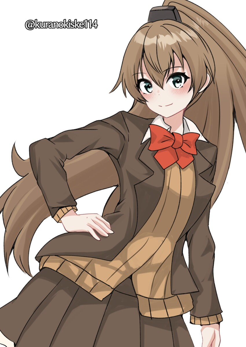 1girl blazer bow bowtie brown_cardigan brown_hair brown_jacket brown_skirt cardigan collared_shirt green_eyes hand_on_own_hip highres jacket kantai_collection kumano_(kancolle) kumano_kai_ni_(kancolle) kurano_kisuke long_hair one-hour_drawing_challenge pleated_skirt red_bow red_bowtie shirt simple_background skirt smile solo twitter_username white_background