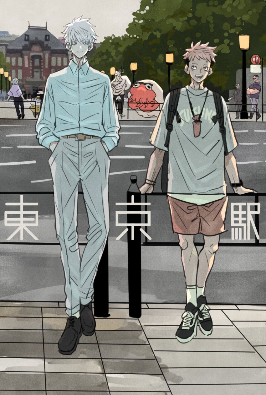 bag belt black_hair blue_hair commentary crossed_arms dagon_(jujutsu_kaisen) formal_clothes full_body gojou_satoru hanami_(jujutsu_kaisen) hands_in_pockets highres ijichi_kiyotaka itadori_yuuji jogo_(jujutsu_kaisen) jujutsu_kaisen looking_at_another mahito_(jujutsu_kaisen) muscular muscular_male outdoors pink_hair shirt shoulder_bag spiked_hair suit sunglasses t-shirt takeuchi_ryousuke tokyo_(city) tokyo_station translated undercut watch white_hair wristwatch yaga_masamichi