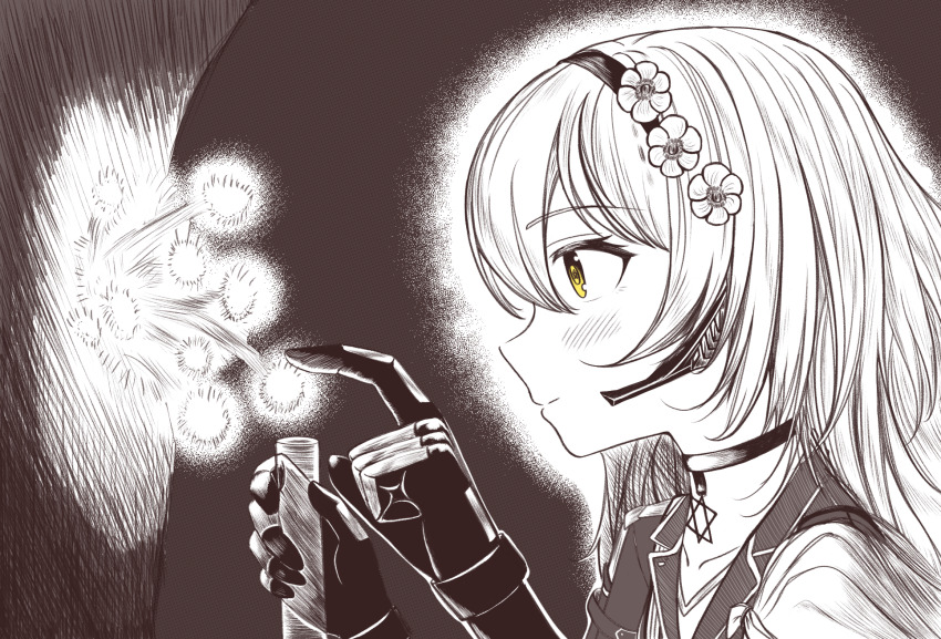 1girl commentary english_commentary f4_u flower from_side girls&#039;_frontline gloves hair_between_eyes hair_flower hair_ornament hairband hexagram highres holding light_blush long_hair looking_ahead sidelocks solo star_of_david upper_body x95_(girls&#039;_frontline) yellow_eyes