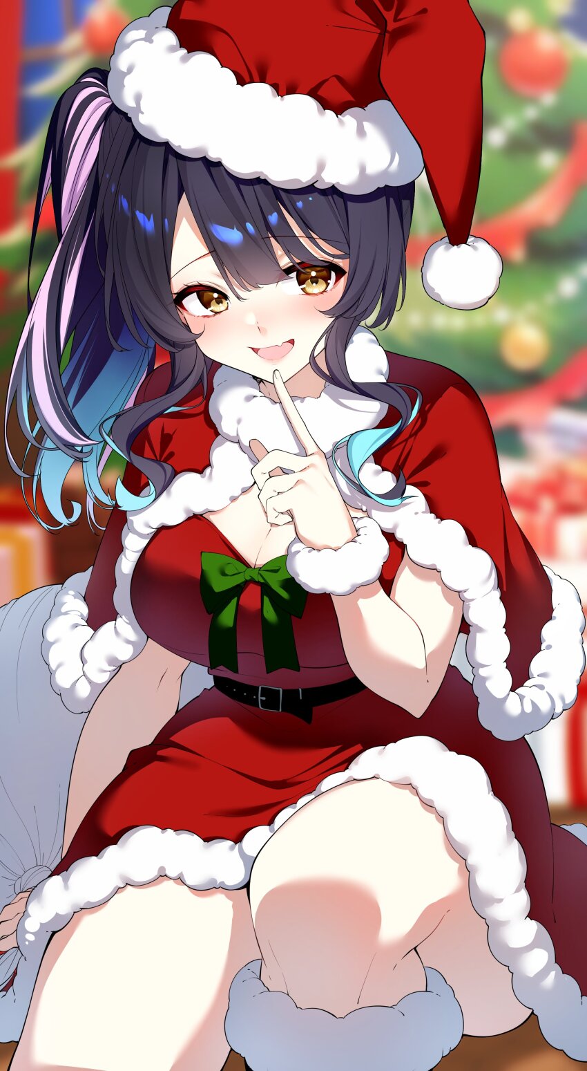 1girl :d absurdres blue_hair blurry blurry_background box breasts capelet christmas christmas_tree commentary darjeeling_(reley) dress english_commentary fang fur-trimmed_capelet fur-trimmed_dress fur-trimmed_headwear fur_trim gift gift_box gradient_hair hair_between_eyes hat highres large_breasts lua_asuka medium_hair multicolored_hair open_mouth pink_hair pom_pom_(clothes) production_kawaii purple_hair red_capelet red_dress red_hat santa_hat second-party_source side_ponytail sidelocks smile solo streaked_hair tongue virtual_youtuber yellow_eyes