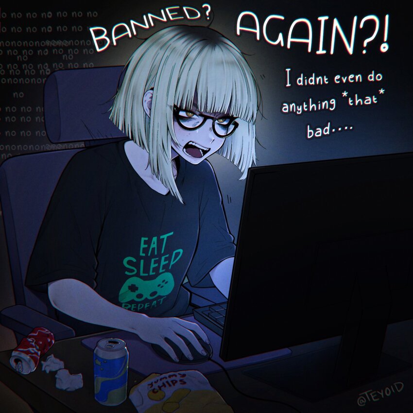 1girl bags_under_eyes black_shirt blonde_hair blunt_bangs can chair chips_(food) commentary computer_mouse drink_can english_commentary english_text food glasses highres monitor multicolored_hair office_chair original potato_chips roots_(hair) shirt soda_can solo swivel_chair t-shirt teyoid yellow_eyes