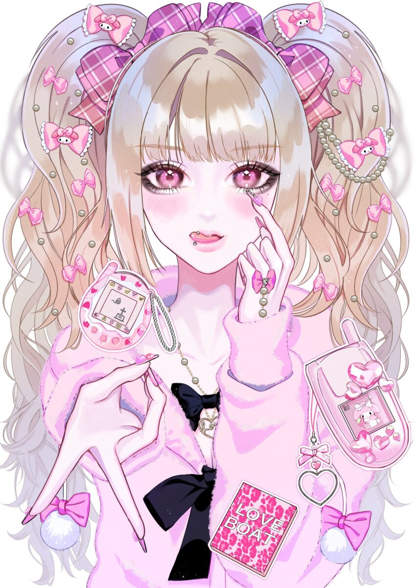 1girl aegyo_sal black_bow blonde_hair bow breasts cellphone cleavage commentary_request decoden flip_phone gem gyaru gyaru_v hair_bow heart highres hime_gyaru himekaji hood hood_down hoodie jewelry long_hair looking_at_viewer my_melody necklace obaketchi onegai_my_melody original phone pink_bow pink_eyes pink_hoodie pink_nails pink_theme pom_pom_(clothes) sanrio shirukii solo tamagotchi tamagotchi_(virtual_pet) tamagotchi_plus twintails v virtual_pet_(toy)
