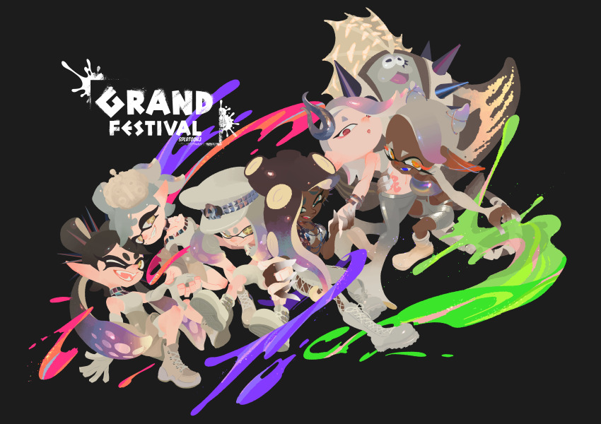 1boy 6+girls absurdres ankle_boots big_man_(grand_festival)_(splatoon) big_man_(splatoon) bikini bikini_top_only black_background black_choker black_hair boots bow-shaped_hair breasts callie_(grand_festival)_(splatoon) callie_(splatoon) cephalopod_eyes choker cleavage closed_mouth colored_eyelashes cone_hair_bun criss-cross_halter crop_top cross-laced_slit crown dark-skinned_female dark_skin double_bun dress earrings elbow_gloves fangs fingerless_gloves frye_(grand_festival)_(splatoon) frye_(splatoon) gloves gradient_hair green_eyes grey_hair grey_pants grey_shorts grey_tube_top hair_bun hair_horns hair_ornament hair_over_one_eye halterneck hat highres holding_hands horizontal_pupils inkling inoue_seita jewelry knee_boots lace-up_boots long_hair long_pointy_ears long_sleeves looking_at_viewer manta_ray marie_(grand_festival)_(splatoon) marie_(splatoon) marina_(grand_festival)_(splatoon) marina_(splatoon) medium_breasts mole mole_under_eye mole_under_mouth multicolored_hair multiple_girls navel necklace nintendo octoling official_alternate_costume official_art one_eye_closed open_mouth orange_pupils pants peaked_cap pearl_(grand_festival)_(splatoon) pearl_(splatoon) pointy_ears protected_link puffy_shorts purple_hair red_eyes red_pupils second-party_source shirt shiver_(grand_festival)_(splatoon) shiver_(splatoon) short_eyebrows short_hair shorts shrug_(clothing) simple_background sleeveless sleeveless_dress smile spikes splatoon_(series) splatoon_3 star-shaped_pupils star_(symbol) stomach_tattoo strapless suction_cups swimsuit symbol-shaped_pupils tattoo tentacle_hair thick_eyebrows tube_top very_dark_skin white_bikini white_crown white_dress white_footwear white_gloves white_hat white_pants white_shirt white_shorts white_shrug yellow_eyes