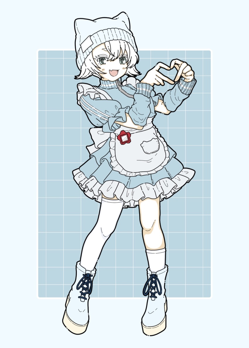 1girl four-finger_heart_hands animal_ear_headwear apron asymmetrical_legwear blue_dress commentary cross-laced_footwear dress fake_animal_ears fang frilled_apron frills full_body grey_eyes heart heart_hands highres kneehighs looking_at_viewer mismatched_legwear nonnki open_mouth original socks solo symbol-only_commentary thighhighs white_apron white_hair white_socks white_thighhighs