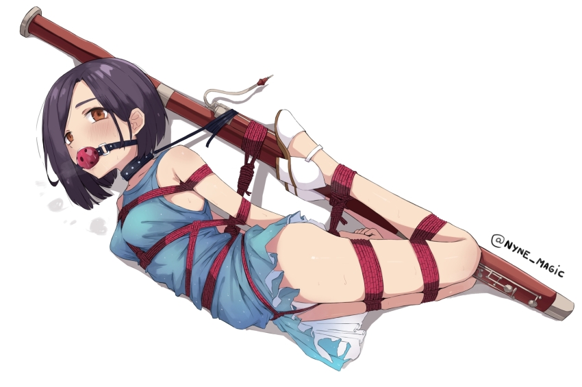 1girl arms_up artist_logo artist_name ball_gag bare_shoulders bdsm between_breasts between_legs between_thighs blue_dress bondage bound bound_arms bound_breasts bound_legs bound_torso breast_bondage breasts clenched_hand clothes_lift collar collarbone commission crotch_rope dress dress_lift drooling female_focus frilled_dress frills gag gagged high_heels highres hogtie instrument logo looking_at_viewer looking_to_the_side looking_up lying medium_hair nyne_star on_side orange_eyes perky_breasts purple_hair red_rope rinwell_(tales) rope saliva saliva_trail shibari shibari_over_clothes shoes simple_background skin_tight skindentation sleeveless sleeveless_dress small_breasts solo sweat sweatdrop swept_bangs tales_of_(series) tales_of_arise thighs wet white_background