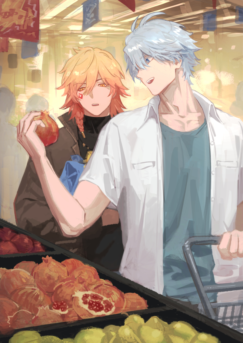 2boys antenna_hair black_shirt blonde_hair blue_eyes blue_shirt brown_coat cart coat collarbone commentary english_commentary food fruit gradient_hair grocery_store hair_between_eyes hand_up highres holding holding_food holding_fruit honkai:_star_rail honkai_(series) looking_at_food male_focus multicolored_hair multiple_boys mydei_(chrysos_chef)_(honkai:_star_rail) mydei_(honkai:_star_rail) nlllllllll0216 open_clothes open_mouth open_shirt phainon_(chrysos_chef)_(honkai:_star_rail) phainon_(honkai:_star_rail) pomegranate red_hair shirt short_hair short_sleeves turtleneck white_hair white_shirt yellow_eyes