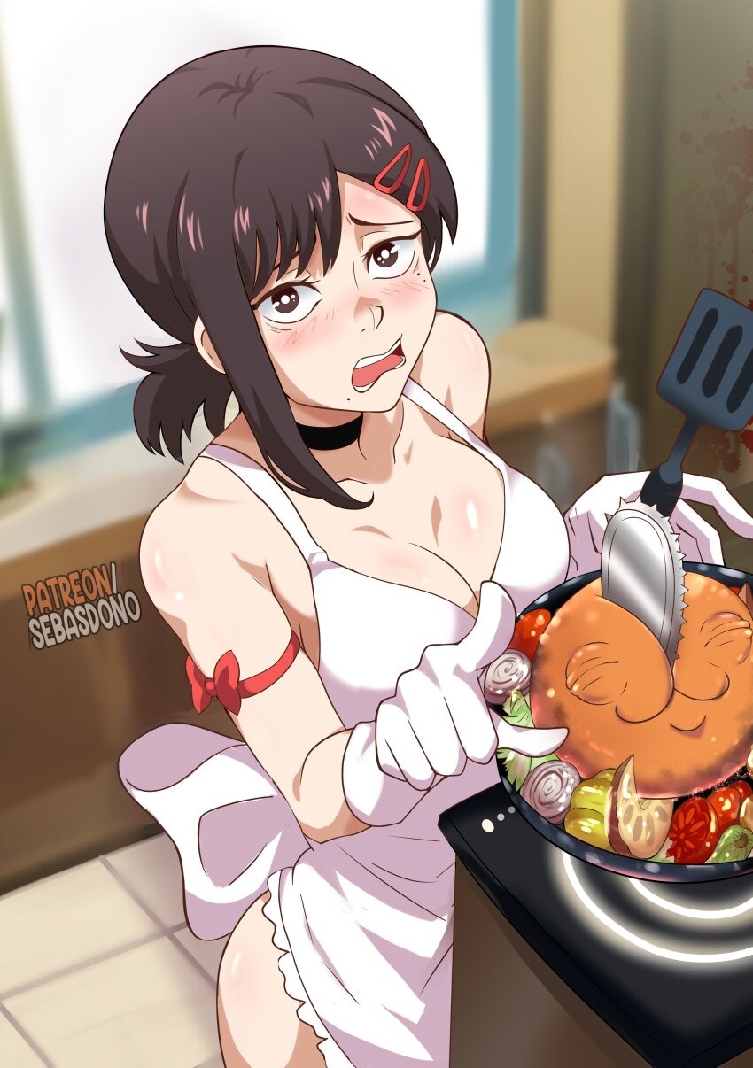 1girl absurdres apron arm_strap black_choker black_eyes black_hair blurry blurry_background blush breasts chainsaw_man choker cleavage commentary english_commentary gloves hair_ornament hairclip higashiyama_kobeni highres indoors looking_at_viewer medium_breasts medium_hair naked_apron open_mouth pochita_(chainsaw_man) pointing sebasdono single_sidelock solo spatula tomato upper_body white_apron white_gloves