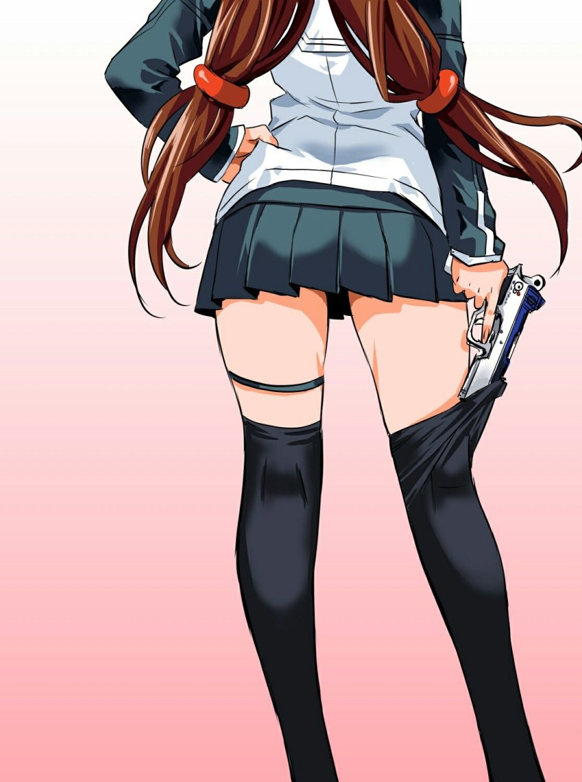1girl black_thighhighs bren_ten brown_hair dated feet_out_of_frame female_focus from_behind gradient_background gun hand_on_own_hip handgun head_out_of_frame highres inoue_sora legs long_hair low-tied_long_hair miniskirt nazume_mikuru pink_background pistol pleated_skirt school_uniform shoes skirt solo thigh_strap thighhighs thighhighs_pull trigger_discipline twintails weapon white_background zero_in