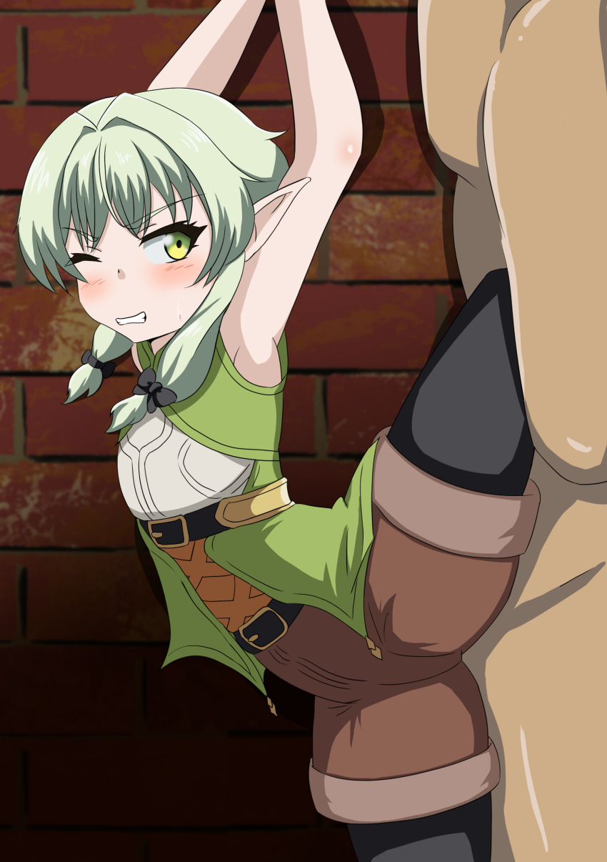 1boy 1girl absurdres annoyed armpits arms_up black_pantyhose blush brown_shorts chest_plate clenched_teeth elf embarrassed feet_out_of_frame flat_chest from_side goblin_slayer! green_eyes green_shirt grey_hair hetero high_elf_archer_(goblin_slayer!) highres imminent_rape long_pointy_ears looking_at_another looking_back matching_hair/eyes pantyhose petite pointy_ears restrained shirt short_hair_with_long_locks shorts sleeveless sleeveless_shirt solo_focus standing standing_on_one_leg teeth yumina_(artist)