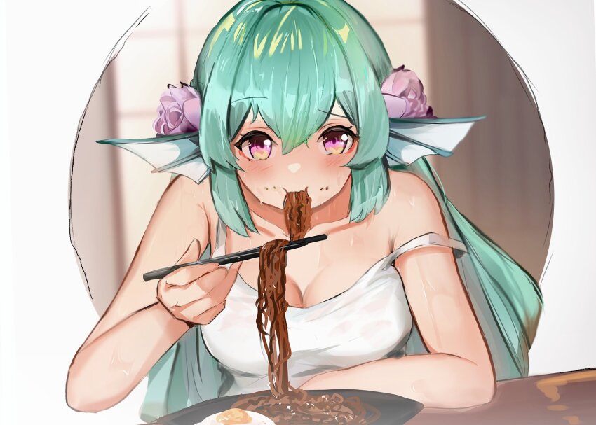 1girl blush breasts chopsticks cleavage collarbone eating egg_(food) finana_ryugu fins fish_girl flower food food_in_mouth food_on_face green_hair hair_flower hair_ornament head_fins highres holding holding_chopsticks long_hair looking_at_viewer medium_breasts nijisanji nijisanji_en nin_fake noodles purple_eyes purple_flower ramen solo strap_slip sweat tank_top virtual_youtuber white_tank_top