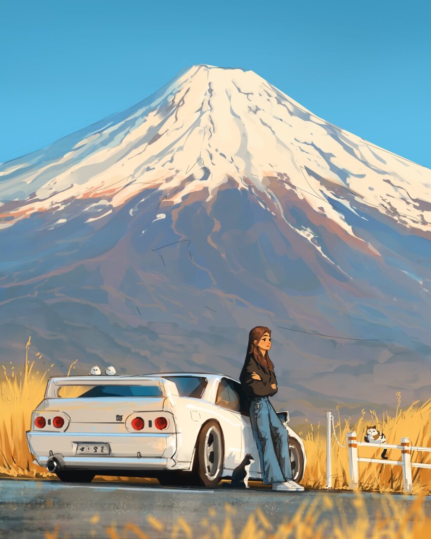 1girl bird black_sweater blue_pants brown_hair car commentary crossed_arms denim english_commentary hair_behind_ear highres jeans long_hair motor_vehicle mount_fuji nissan nissan_skyline nissan_skyline_gt-r nissan_skyline_r32 original pants sam_yang scenery shoes sneakers spoiler_(automobile) sports_car sweater white_car white_shoes