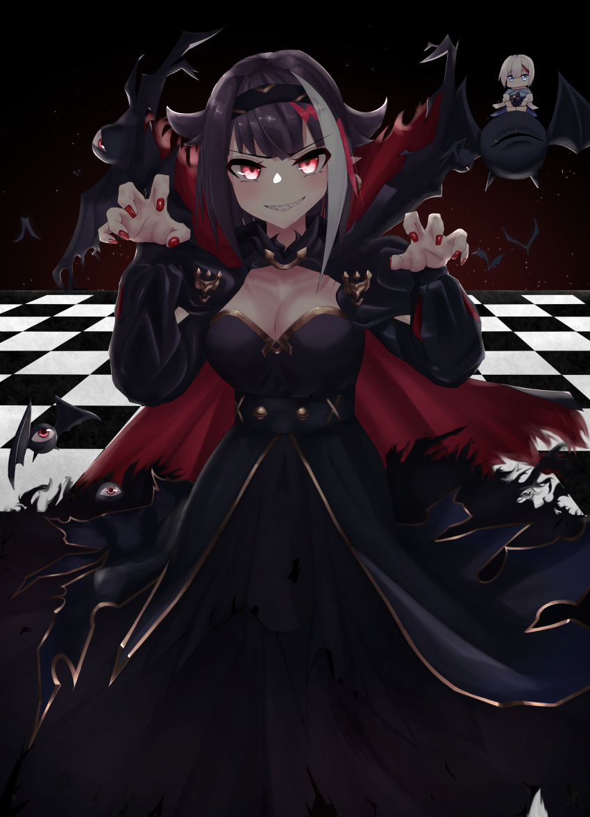 absurdres admiral_graf_spee_(a_novel_anniversary)_(azur_lane) admiral_graf_spee_(azur_lane) azur_lane bat_(animal) black_dress black_hair blue_dress blue_eyes deutschland_(azur_lane) deutschland_(dark_demon_princess)_(azur_lane) dress earrings highres jewelry long_hair multicolored_hair nagatokks nail_polish pointy_ears red_eyes red_nails sharp_teeth smile streaked_hair teeth vampire very_long_hair