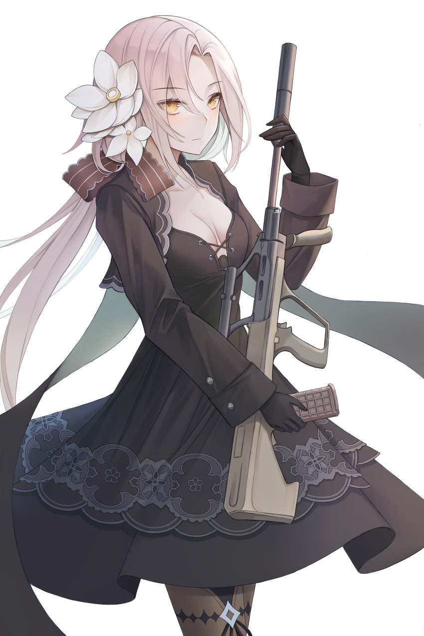 1girl absurdres assault_rifle aug_(girls&#039;_frontline) black_dress black_gloves black_pantyhose blonde_hair breasts bullpup cleavage dress extended_barrel female_focus flower girls&#039;_frontline gloves gun hair_flower hair_ornament hair_ribbon highres huge_filesize long_hair looking_at_viewer ludwig_(user_aewg2872) pantyhose ribbon rifle simple_background small_breasts solo steyr_aug suppressor thighhighs weapon white_background yellow_eyes