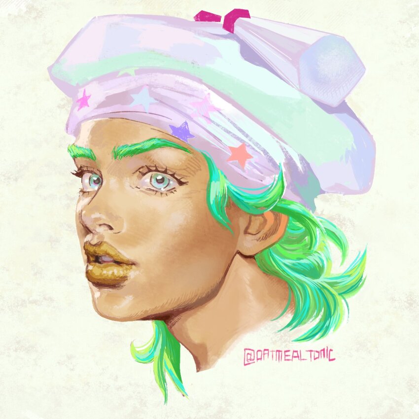 1boy blue_eyes cropped_shoulders green_hair hat highres johnny_joestar jojo_no_kimyou_na_bouken jojolion looking_at_viewer male_focus medium_hair oatmealtonic parted_lips portrait sailor_hat signature solo star_(symbol) star_print teeth wavy_hair
