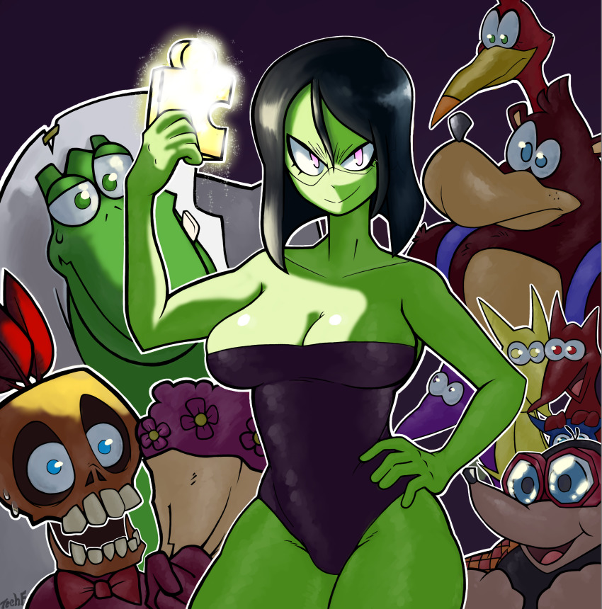 2girls 4boys absurdres banjo-kazooie banjo_(banjo-kazooie) bear bird black_hair blue_eyes bottles_(banjo-kazooie) bouquet breasts cleavage colored_skin feather_hair_ornament flower glasses green_eyes green_skin gruntilda_winkybunion hand_on_own_hip highres jinjo kazooie_(banjo-kazooie) klungo_(banjo-kazooie) lab_coat large_breasts mole_(animal) monster multiple_boys multiple_girls mumbo_jumbo_(banjo-kazooie) one-piece_swimsuit open_mouth pink_eyes purple_eyes red_eyes short_hair skull smile swimsuit techfuzz yellow_eyes