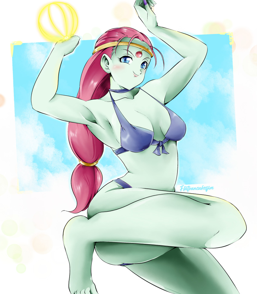 1girl absurdres alien armpits ball barefoot beachball bikini blue_eyes breasts caway colored_skin dragon_ball dragon_ball_super flatpancakesjim green_skin highres jewelry long_hair medium_breasts nail_polish pink_hair revealing_clothes simple_background sitting summer swimsuit tournament_of_power