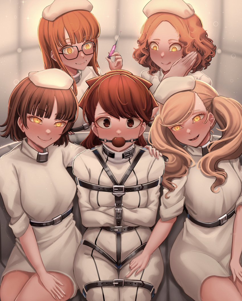 5girls absurdres ball_gag blonde_hair blush bodysuit bound bound_arms bound_legs brown_eyes brown_hair dankestofdans gag gagged hat highres holding holding_syringe licking_lips looking_at_viewer multiple_girls niijima_makoto nurse nurse_cap okumura_haru orange_hair padded_walls persona persona_5 persona_5_the_royal sakura_futaba shadow_(persona) smile straitjacket syringe takamaki_anne tongue tongue_out twintails variant_set white_bodysuit yellow_eyes yoshizawa_kasumi yuri