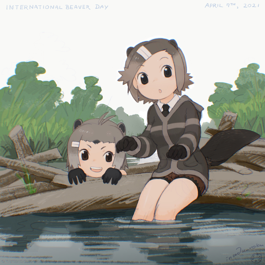 2girls :o american_beaver_(kemono_friends) animal_ears antenna_hair beaver_ears beaver_tail black_eyes black_gloves black_necktie brown_hair brown_hoodie collared_shirt commentary_request dam dated english_text eurasian_beaver_(kemono_friends) foliage gloves gradient_hair hair_ornament hairclip highres hood hood_down hoodie inada_roku kemono_friends log looking_at_viewer multicolored_hair multiple_girls necktie outdoors partially_submerged raised_eyebrows red_shorts river shirt short_hair short_shorts shorts signature sitting sky smile soaking_feet swept_bangs tail white_sky