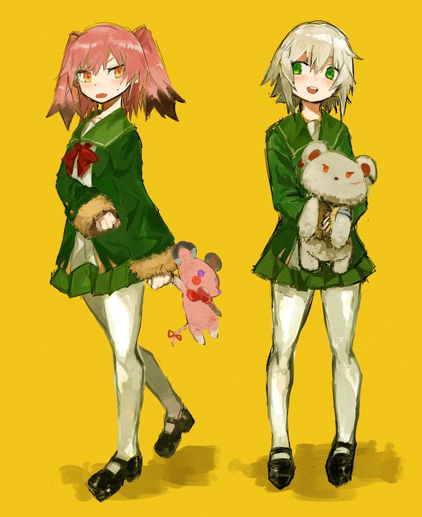 absurdres agtt25333 black_footwear colored_tips commentary_request full_body fur-trimmed_sleeves fur_trim green_eyes green_skirt hair_between_eyes highres jacket kantai_collection kunashiri_(kancolle) long_sleeves mary_janes messy_hair multicolored_hair neck_ribbon open_mouth orange_eyes pantyhose pink_hair pleated_skirt red_ribbon ribbon school_uniform serafuku shimushu_(kancolle) shoes short_hair silver_hair simple_background skirt smile standing stuffed_animal stuffed_mouse stuffed_toy tareme teddy_bear teeth two-tone_hair two_side_up upper_teeth_only white_legwear yellow_background