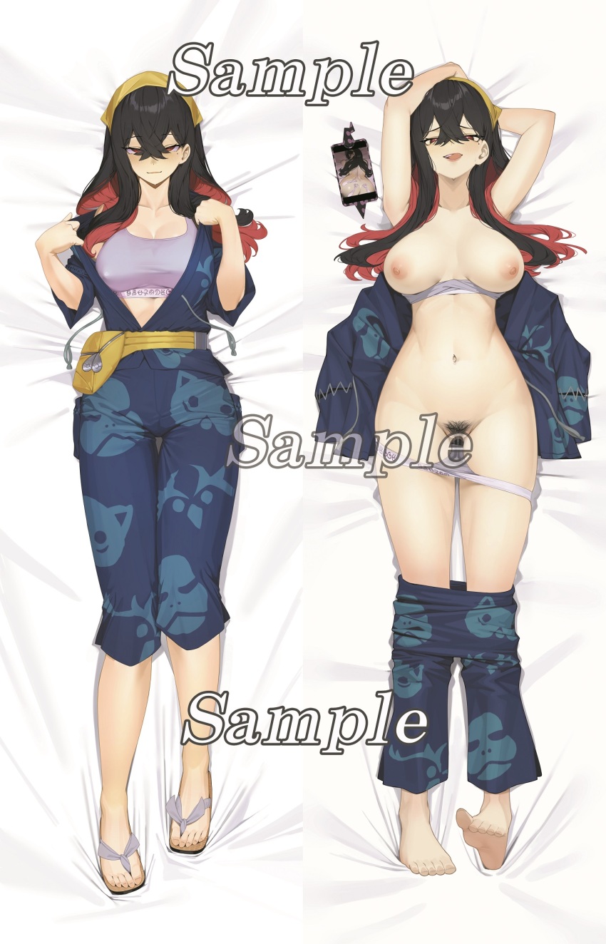 1girl arms_behind_head arms_up barefoot black_hair blue_pants blue_shirt blush bra breasts breasts_apart carmine_(pokemon) chest_sarashi cleavage closed_mouth clothes_pull colored_inner_hair commentary condom condom_on_ass covered_erect_nipples crossed_bangs cum cum_in_pussy cumdrip cumdrip_onto_panties dakimakura_(medium) fanny_pack female_pubic_hair from_above full_body gen_4_pokemon grey_bra hair_between_eyes hairband highres hirokanekure japanese_clothes jinbei_(clothes) komadera large_breasts licking_lips long_hair looking_at_viewer lying merchandise_available mole mole_under_eye multicolored_hair multiple_views navel nintendo nipples official_alternate_costume on_back open_clothes open_mouth open_shirt panties pants pants_pull panty_pull pokemon pokemon_sv pubic_hair red_eyes red_hair rotom rotom_phone sample_watermark sandals sarashi sarashi_pull second-party_source shirt smile sports_bra thigh_gap tongue tongue_out two-tone_hair underwear used_condom watermark white_panties yellow_hairband