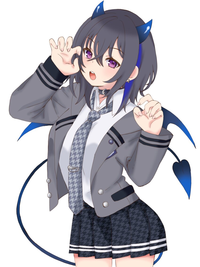 1girl absurdres belt belt_collar black_belt black_skirt blazer blue_horns blue_wings buttons collar collared_shirt demon_tail earrings grey_hair grey_jacket grey_necktie highres horns ichinose_uruha jacket jewelry long_sleeves mayoineko necktie open_mouth pleated_skirt purple_eyes school_uniform shirt skirt solo tail teeth upper_teeth_only virtual_youtuber vspo! white_background white_shirt wings