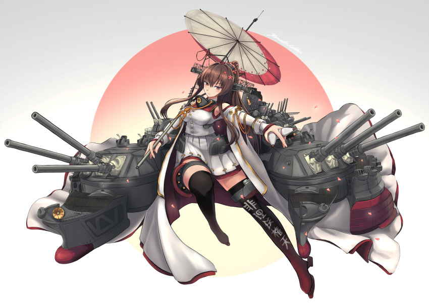 12.7cm/40_type_89_naval_gun 15m_duplex_rangefinder 1girl 46cm/45_type_94_naval_gun absurdres anti-aircraft anti-aircraft_gun asymmetrical_footwear black_boots boots breasts brown_eyes brown_hair cannon cherry_blossoms clothes_writing clothing_cutout coat coat_on_shoulders collar flower gradient_boots hair_flower hair_intakes hair_ornament headgear highres holding holding_shell kantai_collection knee_boots large_breasts long_coat long_hair long_sleeves metal_collar multicolored_umbrella oil-paper_umbrella pleated_skirt ponytail range_finder red_boots red_umbrella rekka_yamato rigging sakuramon searchlight shell ship_turret shoulder_cutout sidelocks single_knee_boot single_thigh_boot skirt sleeveless sleeveless_coat smokestack solo thigh_boots thigh_strap umbrella white_coat white_skirt white_umbrella yamato_(kancolle) yamato_kai_ni_(kancolle)