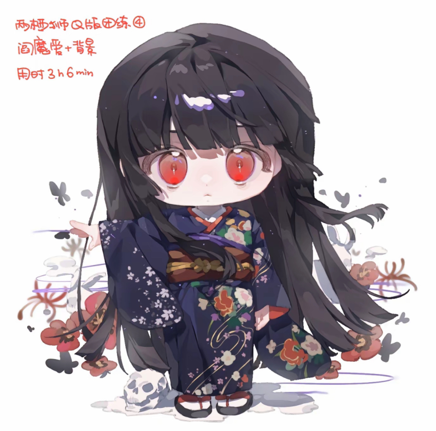 1girl :&lt; black_butterfly black_hair black_kimono black_sandals blunt_bangs blunt_ends bug butterfly chibi chinese_commentary chinese_text closed_mouth commentary_request dot_nose enma_ai expressionless floating_hair floral_print flower hime_cut insect japanese_clothes jigoku_shoujo kimono liangqi_shi light_frown light_particles long_hair long_sleeves looking_at_viewer obi outstretched_arm petals poppy_(flower) procreate_(medium) red_eyes red_flower red_sash sandals sash shadow sidelocks simple_background skull socks solo sparkling_eyes spider_lily standing straight-on straight_hair tabi tareme translation_request very_long_hair white_background white_socks wide_sleeves yukata zouri