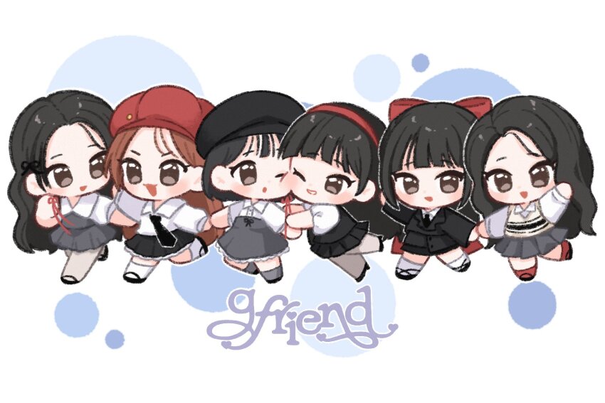 6+girls arm_up black_hair black_necktie blunt_bangs brown_eyes brown_hair chibi commentary eunha_(gfriend) gfriend group_name hair_ribbon hat highres holding_hands k-pop long_hair multiple_girls necktie one_eye_closed rakun_0926 real_life red_hat ribbon sidelocks sinb_(gfriend) skirt smile sowon_(gfriend) umji_(gfriend) yerin_(gfriend) yuju_(gfriend)