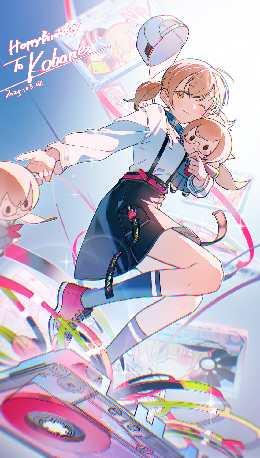 1girl absurdres azusawa_kohane baseball_cap black_shorts brown_hair character_doll closed_mouth commentary doll full_body happy_birthday hat highres jingzhaowhale long_sleeves looking_at_viewer low_twintails one_eye_closed project_sekai shirt shoes short_twintails shorts skirt smile sneakers socks solo suspenders twintails unworn_hat unworn_headwear white_shirt yellow_eyes