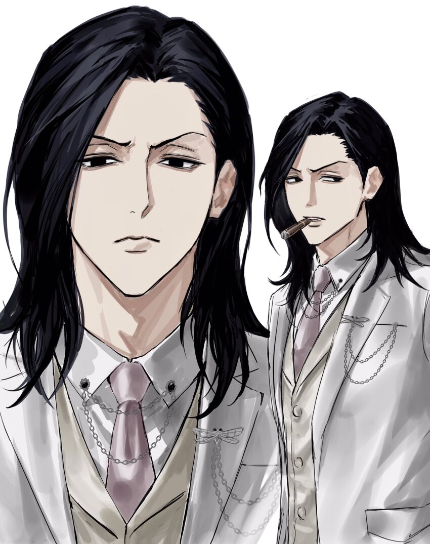 1boy black_eyes black_hair chain cigar copyright_request highres male_focus necktie pale_skin shirt sso_s tareme vest white_shirt