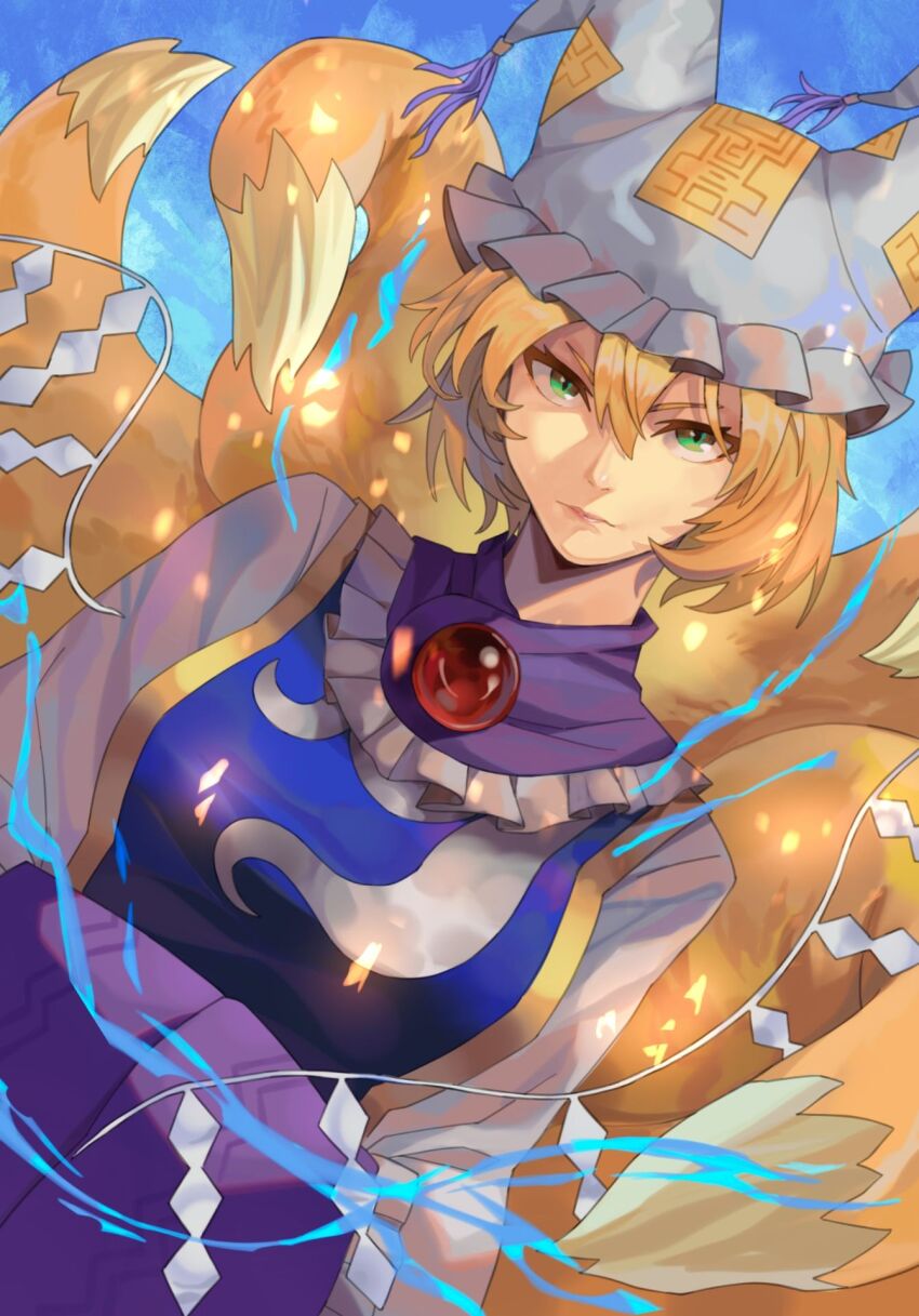 1girl blonde_hair blue_background blue_tabard breasts dress dutch_angle fox_girl fox_tail green_eyes hair_between_eyes hands_in_opposite_sleeves hat highres long_sleeves medium_breasts mob_cap multiple_tails onionmay short_hair solo tabard tail tassel touhou upper_body white_dress white_hat wide_sleeves yakumo_ran