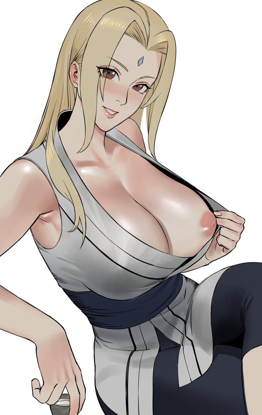 1girl absurdres blonde_hair blush breasts brown_eyes choko_(cup) crossed_legs cup highres long_hair looking_at_viewer mature_female naruto_(series) nipples one_breast_out parted_lips tsunade_(naruto) uukkaa