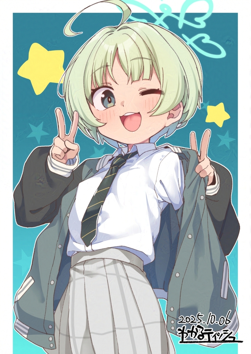 1girl :d adversarial_noise ahoge blue_archive blue_halo breasts collared_shirt dated diagonal-striped_clothes diagonal-striped_necktie double_v female_focus green_hair grey_eyes grey_jacket grey_necktie grey_skirt halo highres jacket kanabun long_sleeves necktie one_eye_closed open_clothes open_jacket open_mouth paid_reward_available pleated_skirt puffy_long_sleeves puffy_sleeves ritsu_(blue_archive) shirt short_hair signature skirt small_breasts smile solo star_(symbol) striped_clothes teeth upper_teeth_only v white_shirt