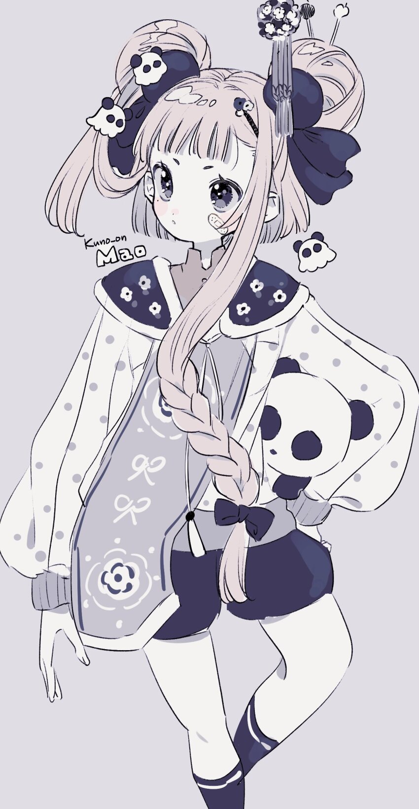1girl absurdres artist_name bandaid bandaid_on_face black_bow black_hair blue_shorts blue_socks blunt_bangs bow braid double_bun grey_background hair_bow hair_bun highres jikuno light_brown_hair long_hair long_sleeves original shorts simple_background sketch socks solo