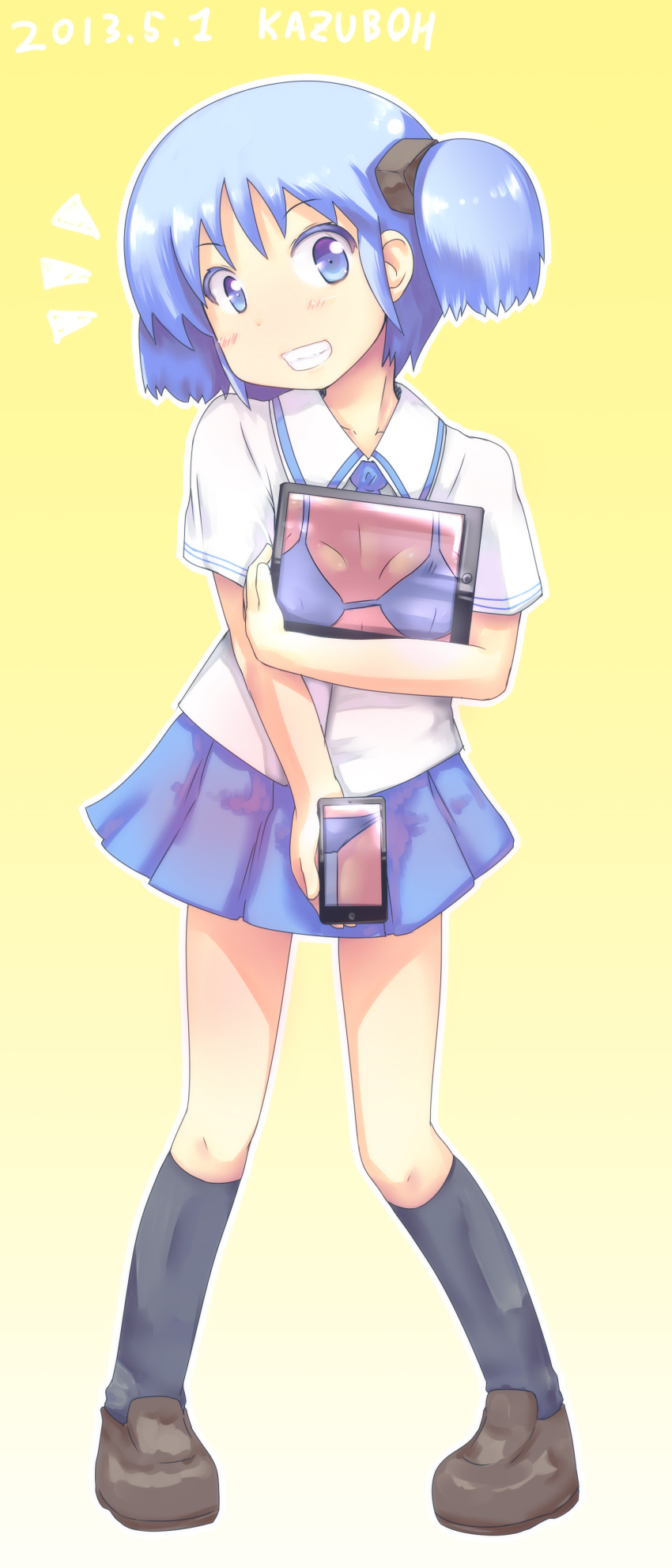 1girl absurdres apple_inc. augmented_reality bikini blue_eyes blue_hair cellphone cellphone_photo female_focus grin hair_ornament highres ipad iphone kazuboh kneehighs looking_at_viewer matching_hair/eyes naganohara_mio nichijou phone school_uniform short_hair short_twintails skirt smartphone smile socks solo swimsuit tablet_pc tokisadame_school_uniform twintails x-ray