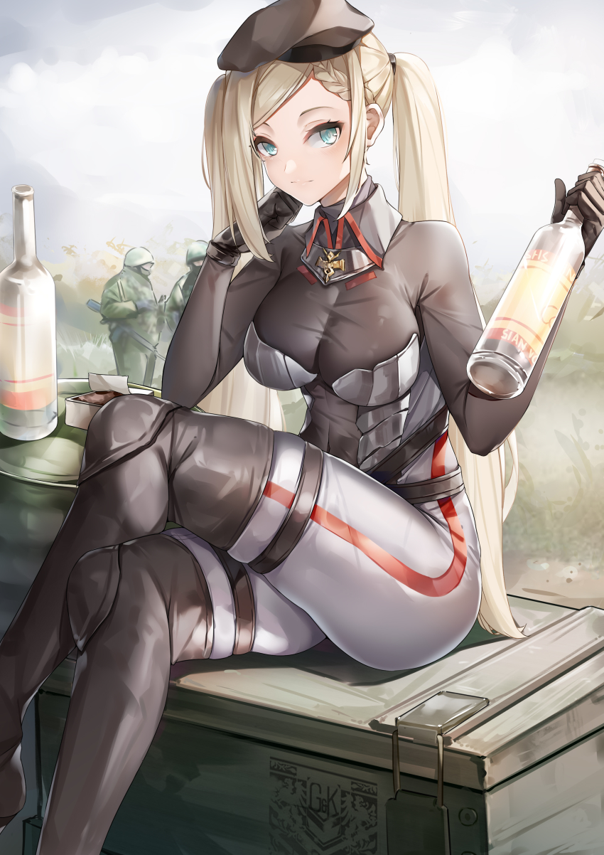 1girl a-545_(girls&#039;_frontline) absurdres alcohol aqua_eyes beret black_boots black_gloves blonde_hair bodystocking bodysuit boots bottle braid breasts closed_mouth commentary_request crossed_legs feet_out_of_frame french_braid girls&#039;_frontline gloves griffin_&amp;_kryuger_logo grifon_&amp;_kryuger hair_ornament hairclip hand_on_own_chin hat highres holding holding_bottle knee_boots long_hair looking_at_viewer lubikaya medium_breasts multicolored_bodysuit multicolored_clothes rubber_boots scenery sitting solo stolichnaya_(vodka) thighs twintails vodka