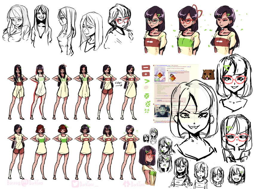 1girl 4chan b_(4chan) bea-chan black_hair blush breasts brown_hair brown_pants reference_sheet closed_eyes clover collarbone covered_erect_nipples cross-eyed dark_yaoi deformed disgust dress evil_grin evil_smile four-leaf_clover glasses green_ribbon grin hair_ornament hair_ribbon hairclip highres hime_cut long_hair looking_at_viewer looking_to_the_side medium_breasts medium_hair minus_sign multiple_views pants parted_bangs pedobear plus_sign raised_eyebrows red_ribbon ribbon sandals shirt shorts small_breasts smile socks tan triforce tsurime twintails white_legwear wide-eyed yellow_dress yellow_shirt