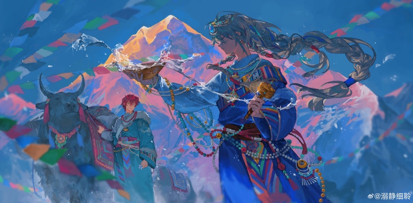 1boy 1girl absurdres animal bead_necklace beaded_hair_ornament beads bowl changmingsuo copyright_request earrings floating_hair flower fur-trimmed_robe fur_trim green_hair hice_hideice highres himalayas holding holding_flower jewelry long_hair mountain necklace outdoors prayer_wheel red_hair robe sash sky tibet tibetan_clothes very_long_hair water yak