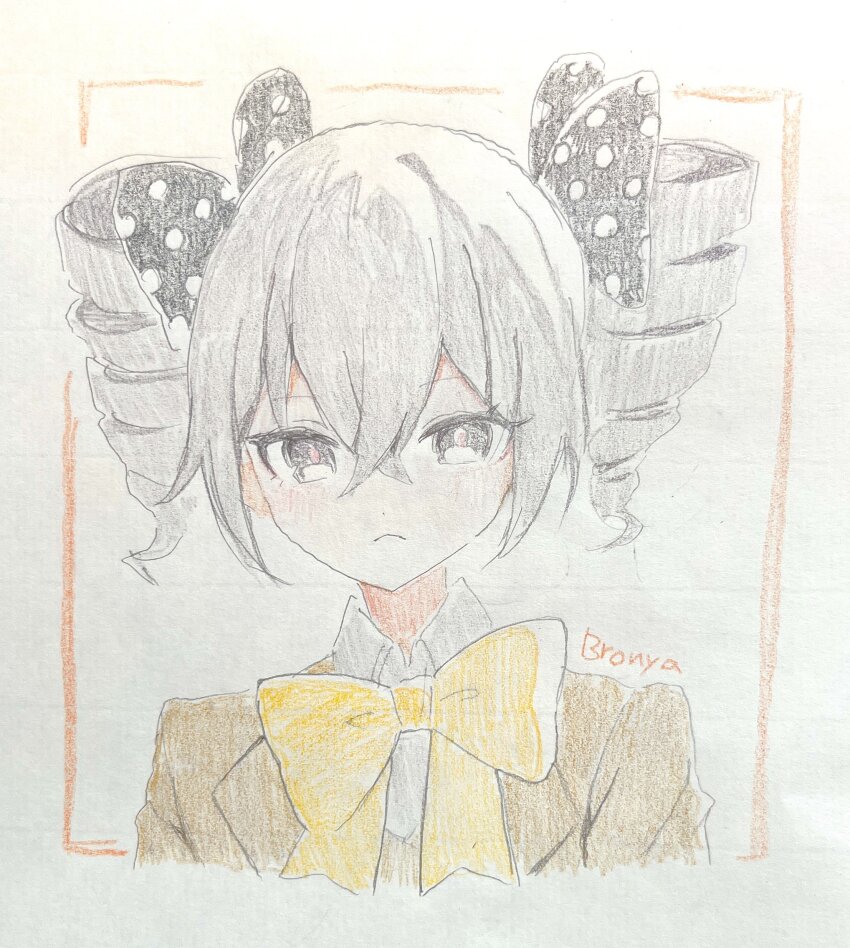 1girl :&lt; absurdres black_bow bow bronya_zaychik bronya_zaychik_(wolf&#039;s_dawn) brown_jacket character_name closed_mouth collared_shirt cropped_torso drill_hair grey_eyes grey_hair grey_shirt hair_between_eyes hair_bow highres honkai_(series) honkai_impact_3rd jacket looking_at_viewer polka_dot polka_dot_bow roena shirt solo traditional_media twin_drills twintails upper_body yellow_bow