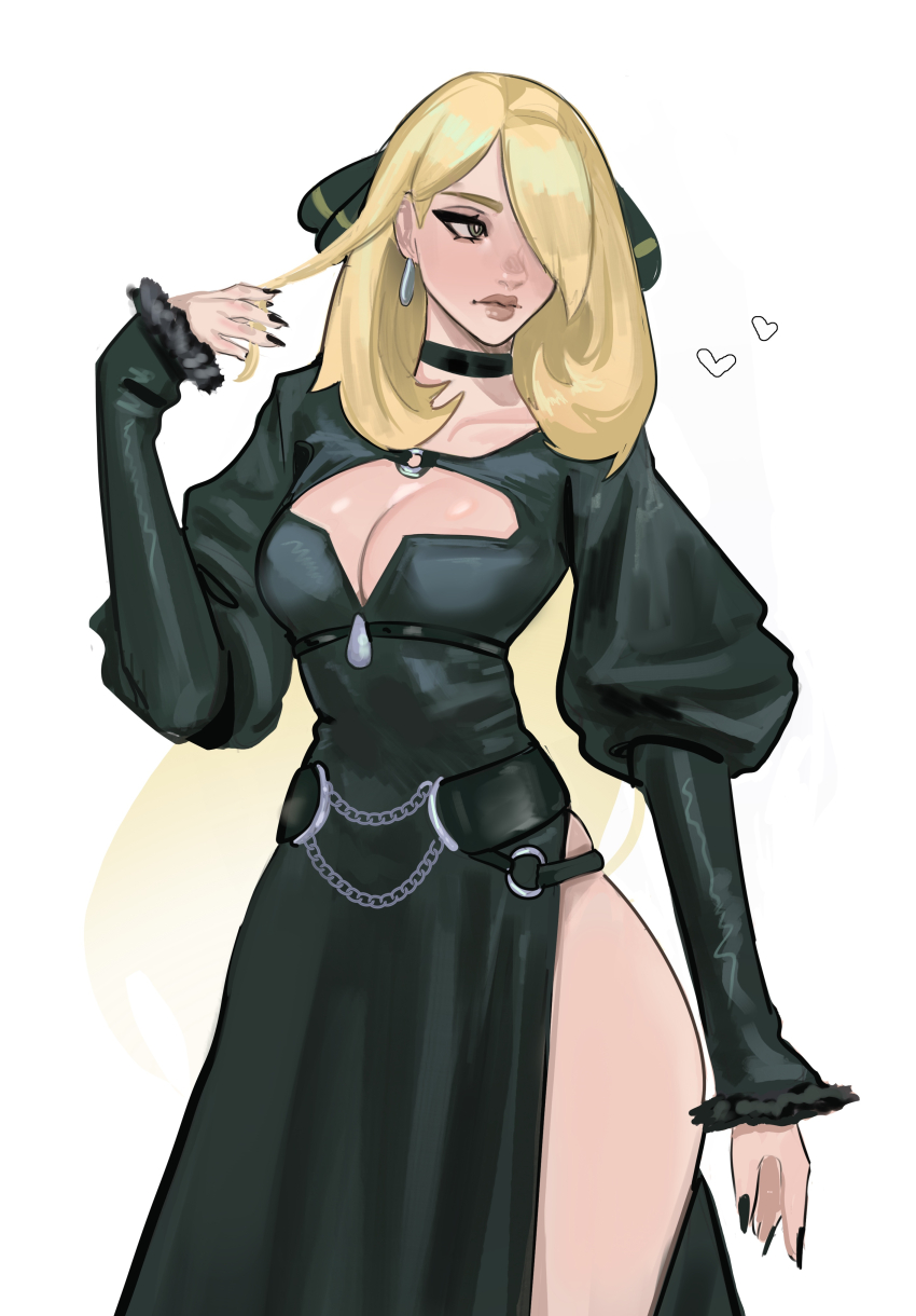 1girl absurdres alternate_costume black_choker black_dress black_nails blonde_hair breasts choker cleavage closed_mouth collarbone cynthia_(pokemon) dress earrings grey_eyes hair_ornament hair_over_one_eye heart highres jewelry large_breasts long_hair long_sleeves nintendo pokemon pokemon_dppt side_slit simple_background solo thighs vile_(vile_jp) white_background