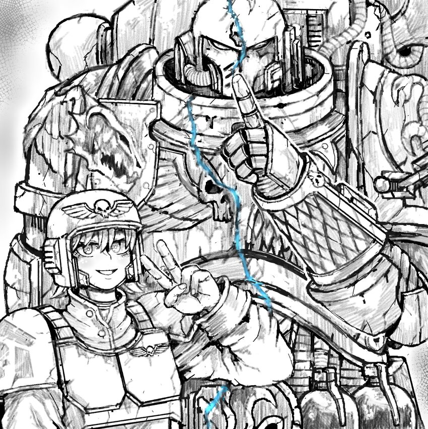1boy 1girl adeptus_astartes alpha_legion armor astra_militarum bulletproof_vest chaos_(warhammer) chaos_space_marine explosive finger_to_mouth grenade greyscale height_difference helmet highres looking_at_viewer military_uniform monochrome octosoup pauldrons power_armor salamanders_(warhammer) scale_armor shoulder_armor shushing size_difference skull v warhammer_40k