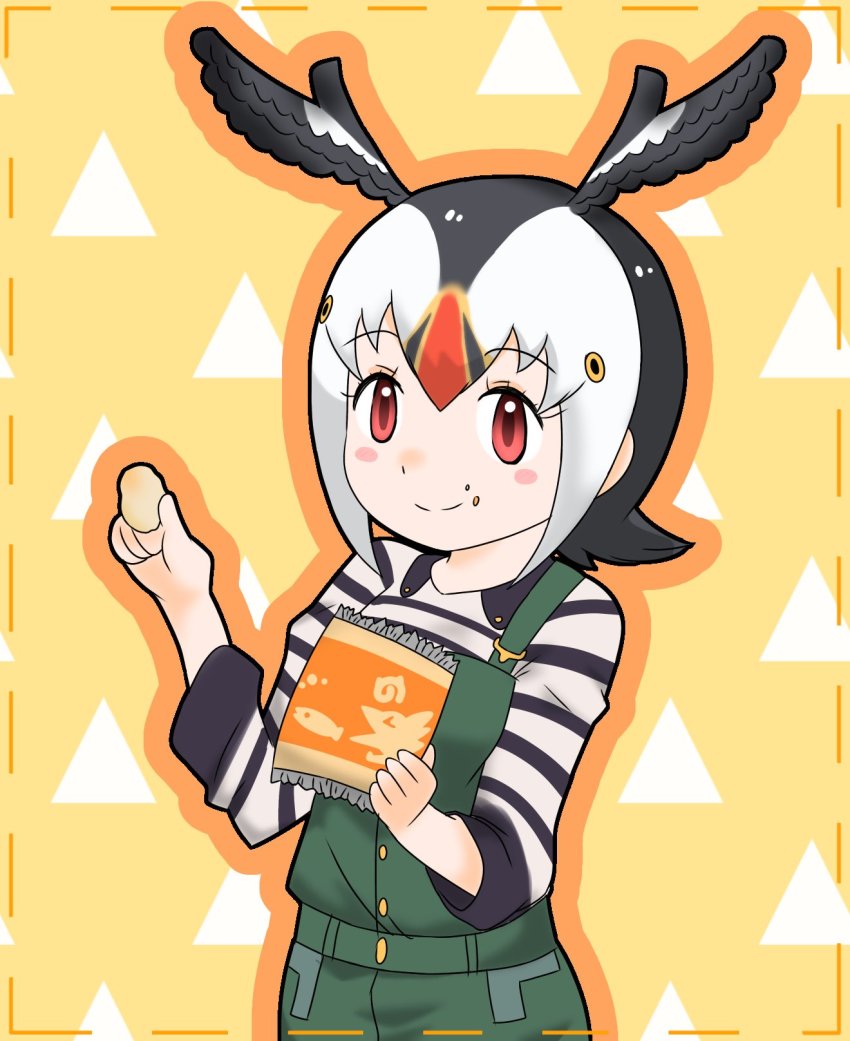 atlantic_puffin_(kemono_friends) bird bird_girl black_hair cats_yone eating head_wings highres kemono_friends kemono_friends_3 multicolored_hair puffin red_eyes shirt smile tail white_hair wings