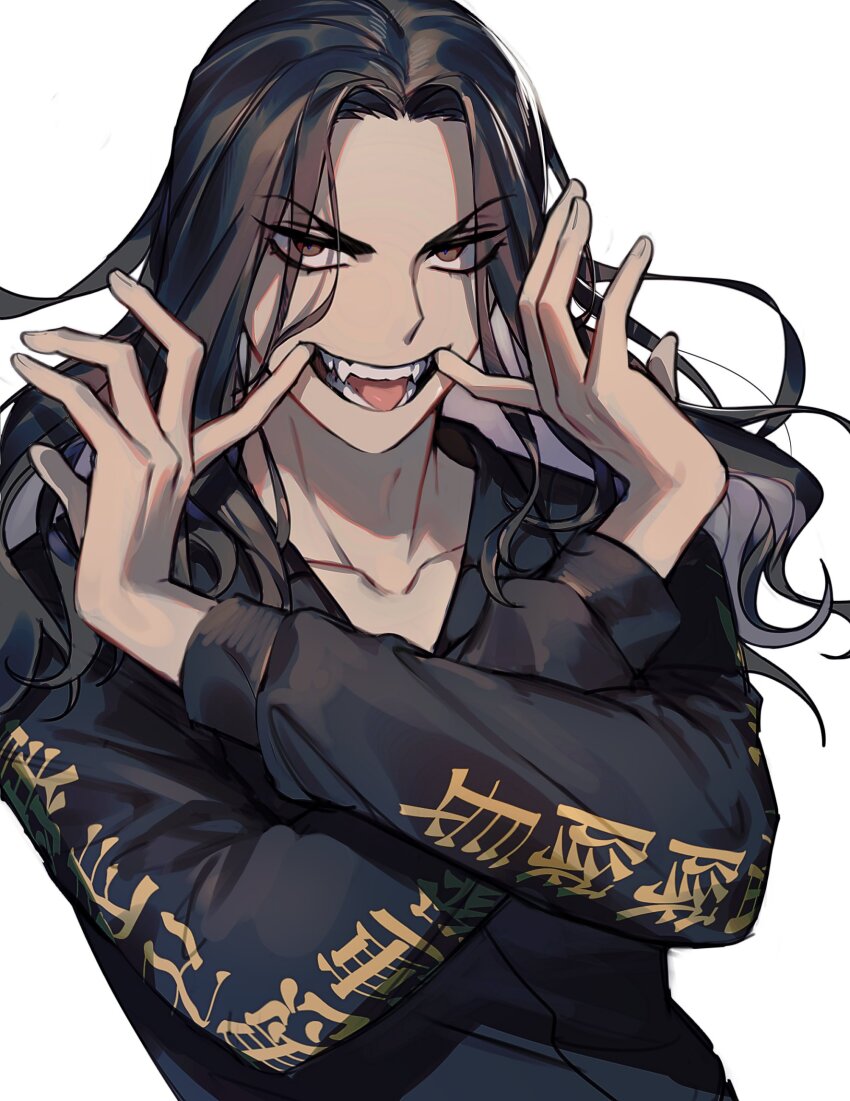 1boy baji_keisuke black_eyes black_hair black_jacket collarbone fingersmile hands_up highres jacket long_hair long_sleeves looking_at_viewer male_focus open_mouth simple_background smile solo sonyo738 teeth tokyo_revengers upper_body v-shaped_eyebrows white_background